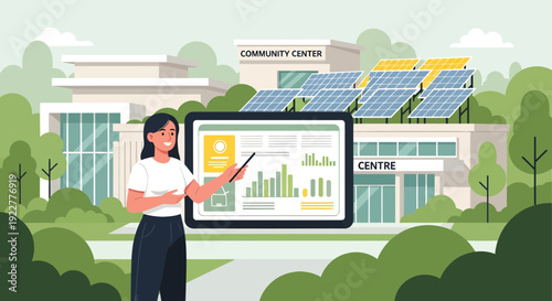 Woman presenting solar energy data on a large screen 1.