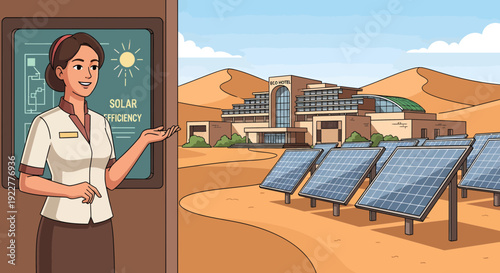 Woman presenting solar energy information on a display board.