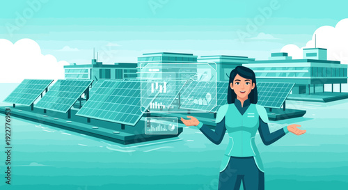 Woman presenting solar energy solutions with holographic interface.