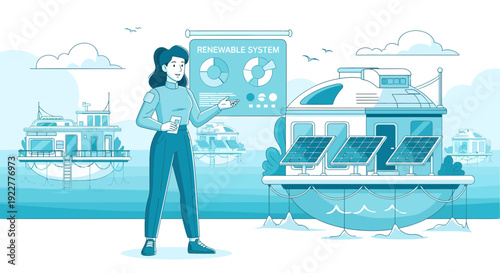 Woman presenting sustainable energy data with solarpowered floating house.