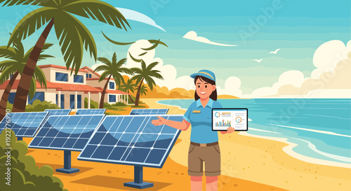 Woman showing solar panel data on tablet.