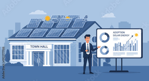 Businessman presenting solar energy benefits at a town hall meeting.