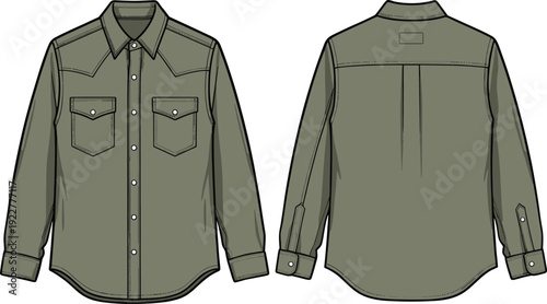 Olive green long sleeve button down shirt mockup, front and back view, realistic flat vector apparel template isolated on white background