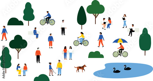People in city park illustration, outdoor leisure activities with cyclists, walkers and families, flat vector urban lifestyle scene isolated on white background