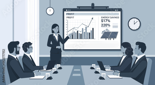Businesswoman presenting financial data to colleagues in a meeting.