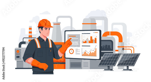 Engineer in hard hat and gloves pointing at a digital tablet with industrial data.