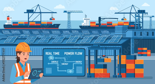 Female engineer monitoring realtime power flow in industrial port.