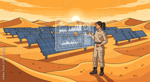 Female engineer monitoring solar panel performance data.