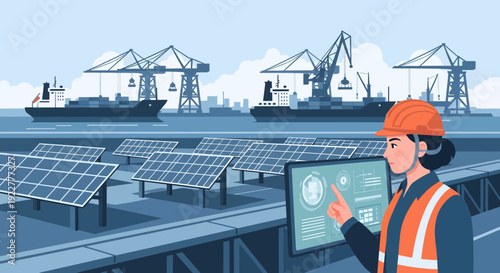 Female engineer monitors solar panel energy output.