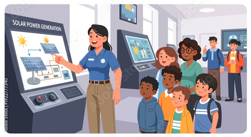 Female guide explaining solar power to a group of diverse students.