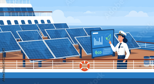 Female Officer Monitoring Solar Panels on a Ships Deck.