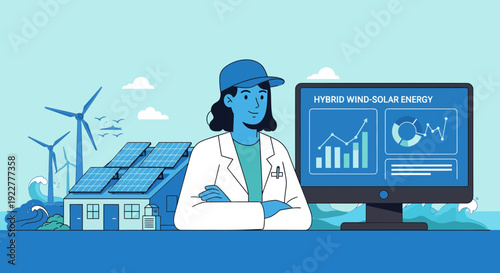 Female scientist analyzing hybrid wind and solar energy data on computer.
