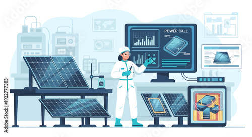 Female scientist analyzing solar panel performance in a modern lab.