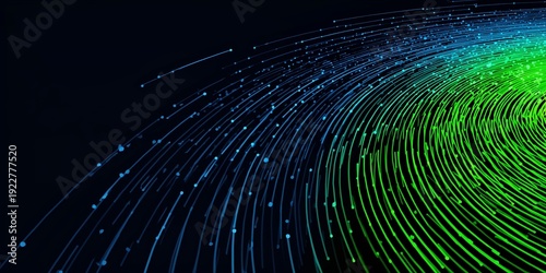Abstract dynamic data stream of glowing blue and green fiber optic particles

