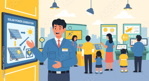 Man explaining solar power generation at an exhibition.