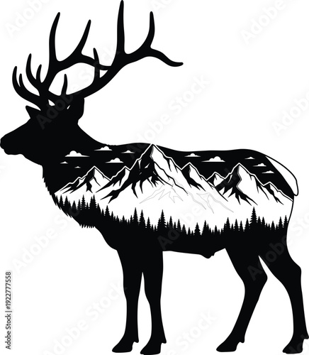 Double exposure deer silhouette with mountain and forest landscape inside for wilderness nature and hunting logo design