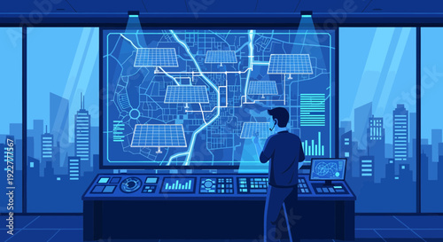 Man in suit observing a large interactive digital map display in a control room.