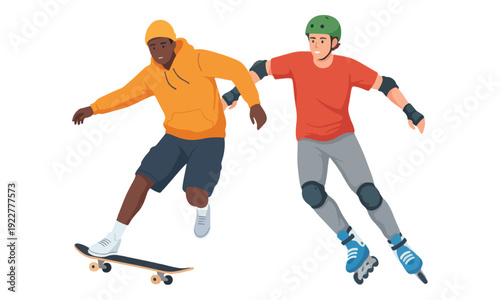 Young Men Skateboarding and Rollerblading with Protective Gear