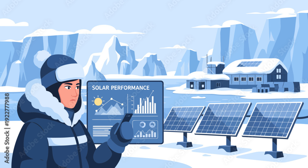 Obraz premium Scientist in winter gear analyzing solar performance data on a digital tablet.