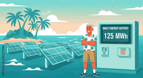 Man standing proudly next to a large solar energy output display.