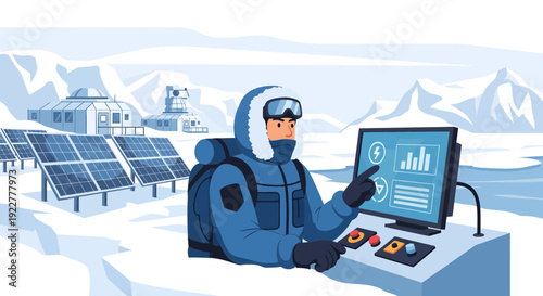 Scientist in arctic gear operating control panel for solar energy.