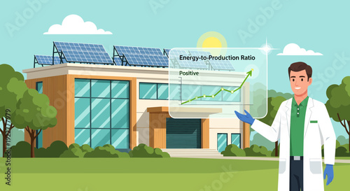 Scientist holding flask with energy production data in front of a solarpowered building.