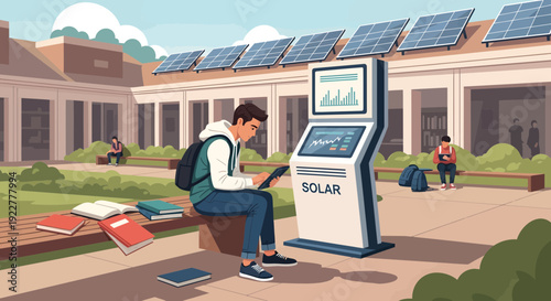 Student Engaged with Solar Energy Kiosk on Campus.