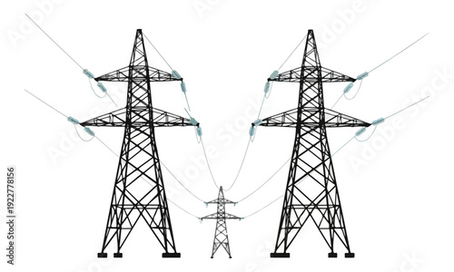 Electricity Pylons and Power Lines on White Background