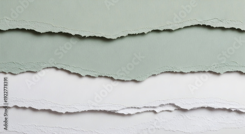 Ripped and torn gray and white paper sheets with rough edges and textured surface details displayed