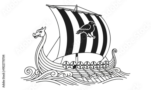 Viking Longship with Raven on Striped Sail and Dragon Head Prow
