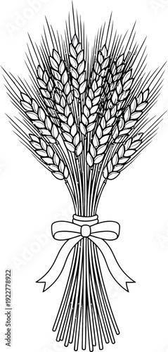 Simple black and white line art illustration depicting a tied bundle or sheaf of wheat stalks elegantly secured with a decorative bow or ribbon for harvest festival use.