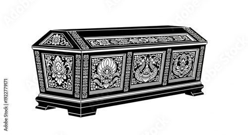 Intricately carved wooden chest with detailed floral and geometric patterns, antique design.