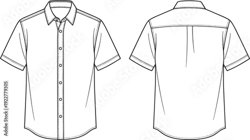 Men short sleeve button up shirt mockup template, front and back view, blank apparel design vector illustration