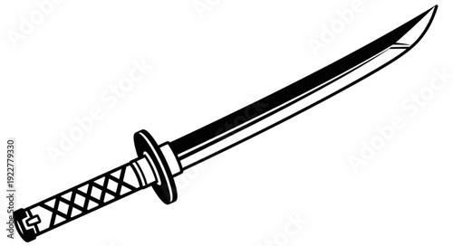 Detailed illustration of a Japanese katana sword with a sharp blade and intricate handle design.