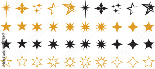 Collection of various star and sparkle graphics in different colors and styles,  Star vector icons. Golden and Black set of Stars, isolated on transparent background. Star icon. simple flat style