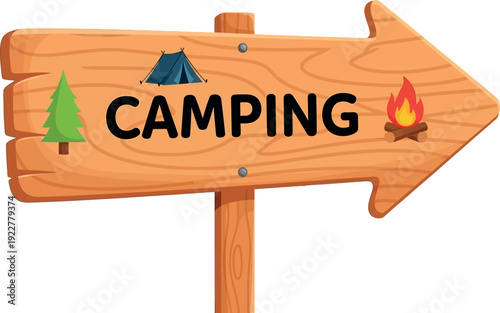A wooden signpost indicating direction to camping site with illustrations of tree, tent, and campfire