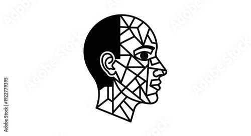 Geometric human head profile with abstract design and black hair.