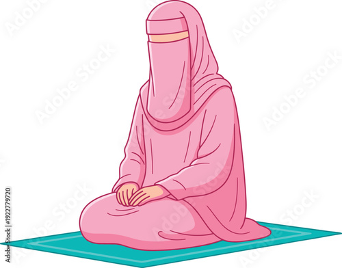 Muslim woman praying while sitting on prayer mat, flat vector illustration of Islamic faith worship and spiritual devotion concept