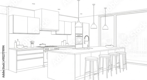 Modern Kitchen Interior Design Sketch with Island and Stools.