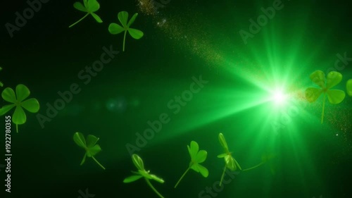 Saint Patricks Day Green Clover Animation with Glowing Light Rays and Lucky Shamrock Leaves, Festive Irish Holiday Background for Celebration, Greeting Cards, Event Promotion, and Seasonal Videos