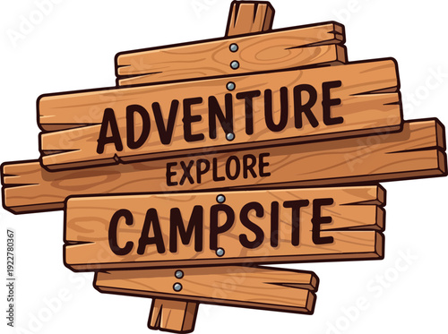 A wooden signpost indicating campsite directions in a serene outdoor environment from a straightforward viewpoint.