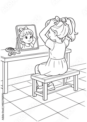 coloring book girl sitting at a vanity brushing her hair in the garage