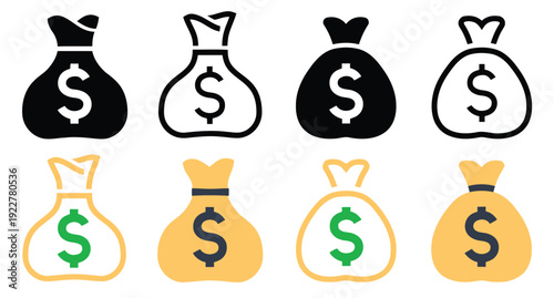 Money bag icons collection set on white background