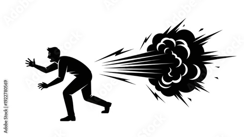 Man Running From Sudden Explosion Silhouette Concept of Unexpected Crisis