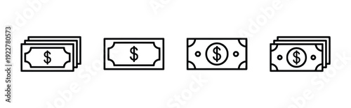 Money icons set vector dollar bills stack and banknote symbol finance payment concept.