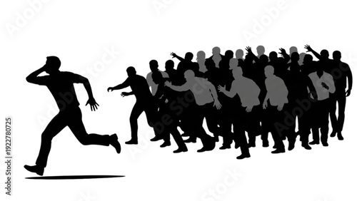 Man Running From Aggressive Crowd Silhouette Concept of Social Pressure