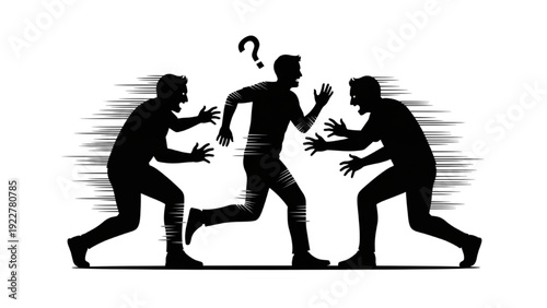 Confused Man Between Two Opposing Forces Silhouette Concept of Dilemma