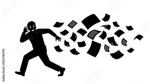 Man Running From Flying Documents Silhouette Concept of Work Overload