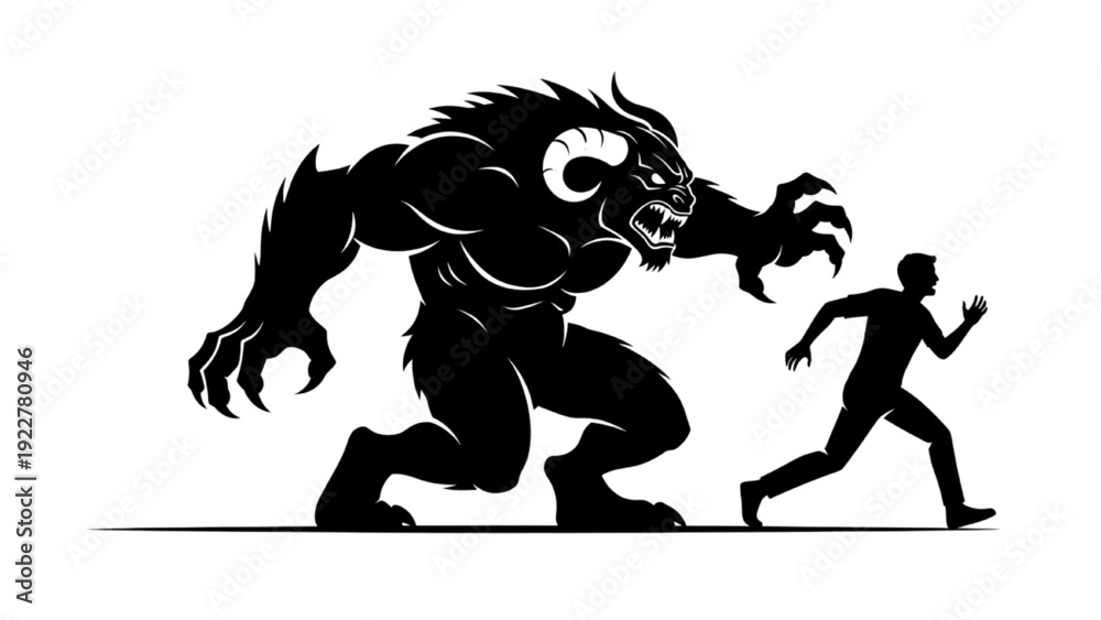 Fototapeta premium Man Running Away from Monster Silhouette Illustration