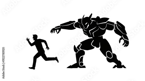 Man Running from Giant Robot in Dark Illustration